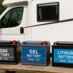 Batterie pour cellule de camping-car : AGM, Gel et Lithium alignées devant un camping-car