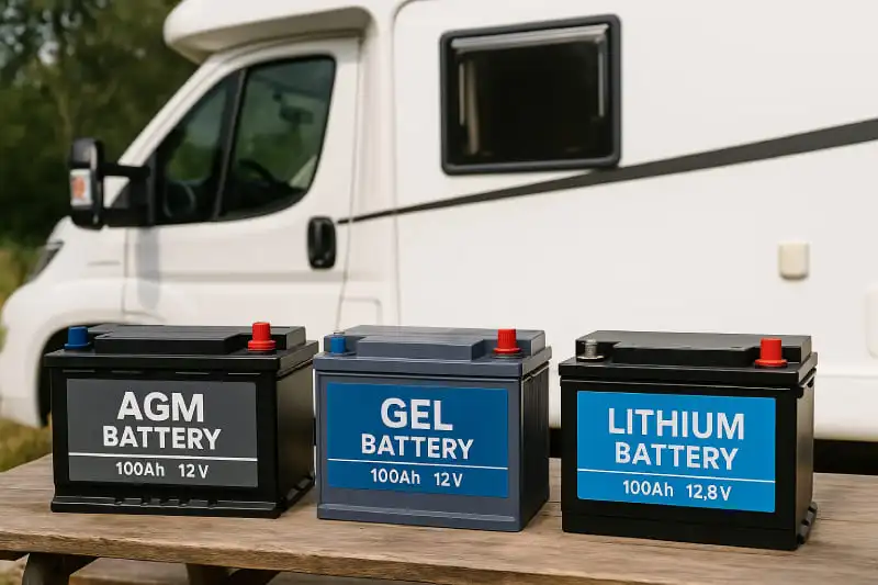 Batterie pour cellule de camping-car : AGM, Gel et Lithium alignées devant un camping-car