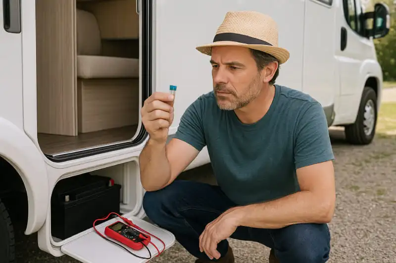 Homme vérifiant un fusible de batterie cellule devant un camping-car avec un multimètre