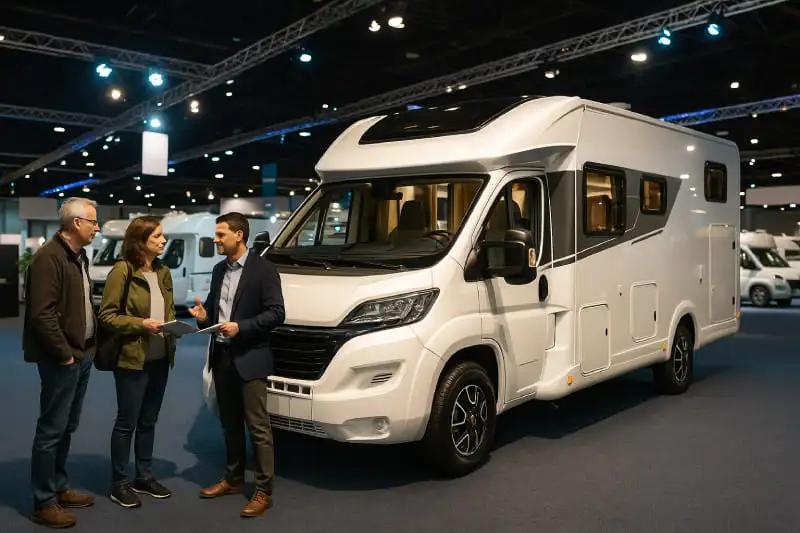Camping-car exposé dans un salon en 2025 avec visiteurs et stands