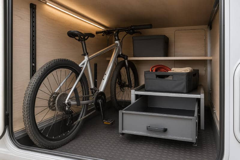 Vue intérieure d’une soute de camping-car aménagée avec tiroir coulissant, rails d’arrimage et accessoires de rangement — idée d’aménagement soute camping-car Rapido ou Pilote.