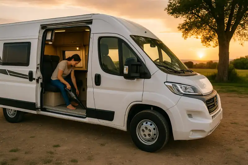 Femme utilisant un aspirateur à main dans un camping-car stationné au coucher du soleil