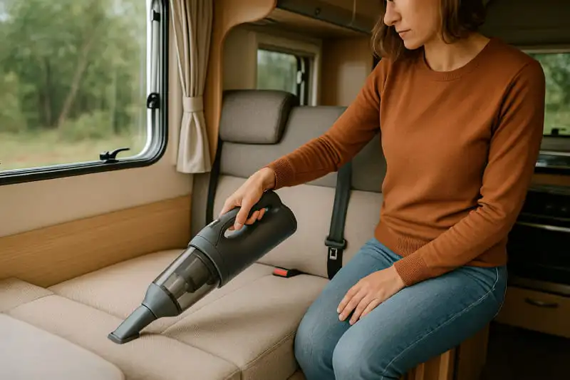 Femme nettoyant la banquette d’un camping-car avec un aspirateur portable sans fil