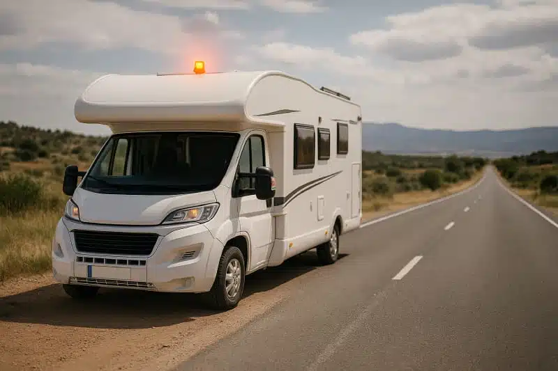 Camping-car blanc immobilisé sur le bas-côté d’une route espagnole, équipé d’une balise V16 lumineuse