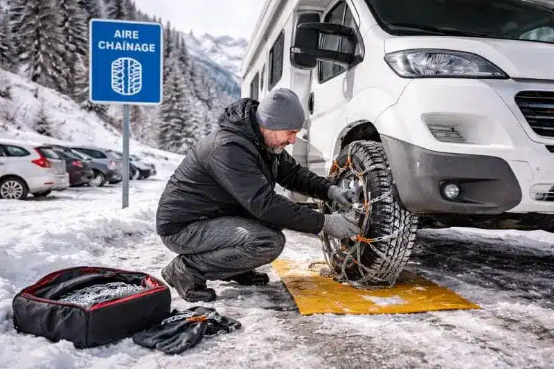 Homme installant des chaînes neige sur un camping-car sur une aire de chaînage en France