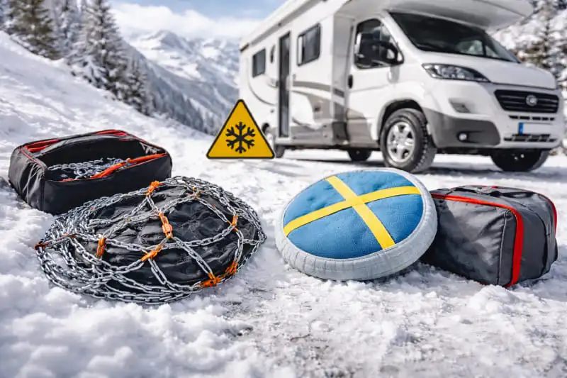 Comparatif entre chaînes neige et chaussettes neige devant un camping-car sur route enneigée en montagne