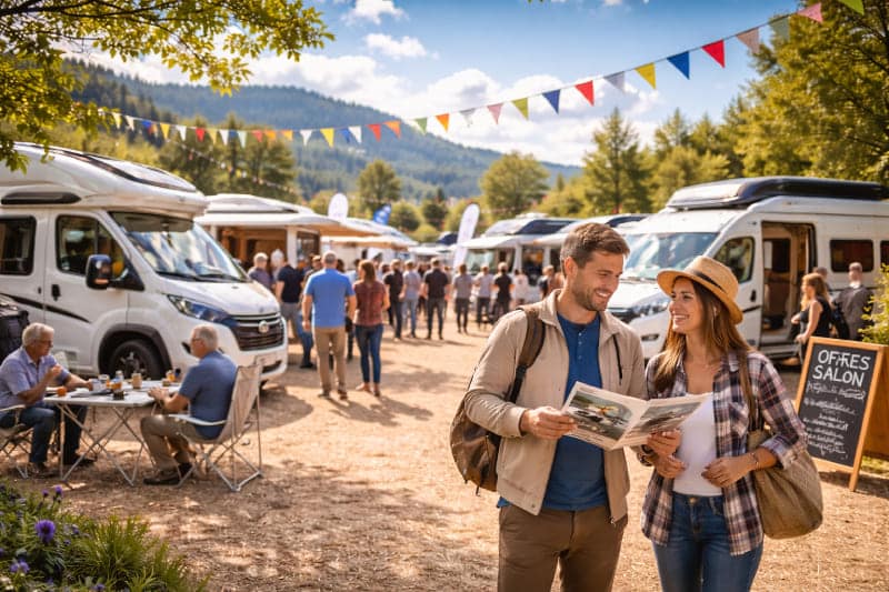 Salon camping-car 2026 en extérieur avec vans aménagés et visiteurs consultant des brochures