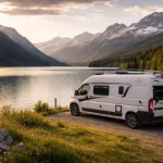 camping-car stationné face à un lac alpin en Suisse pour une nuit en pleine nature