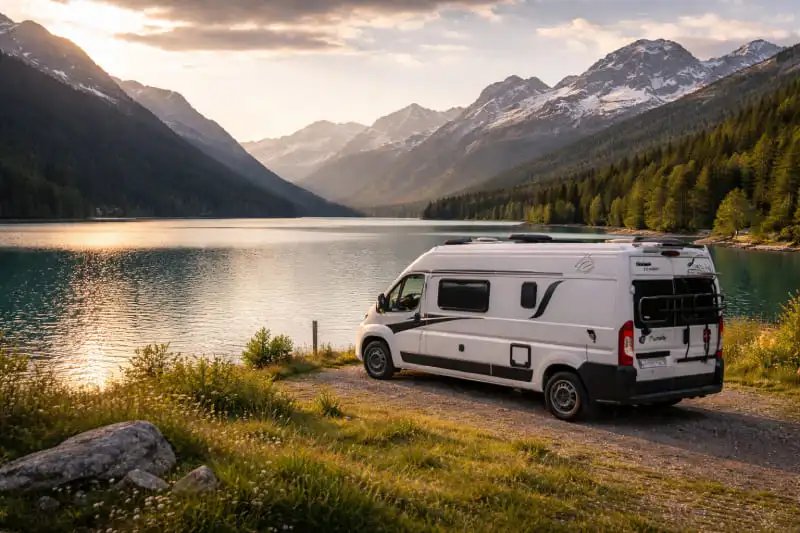 camping-car stationné face à un lac alpin en Suisse pour une nuit en pleine nature