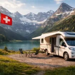 Camping-car stationné au bord d’un lac dans les Alpes suisses avec un drapeau suisse