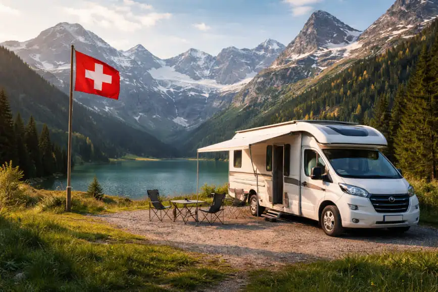 Camping-car stationné au bord d’un lac dans les Alpes suisses avec un drapeau suisse