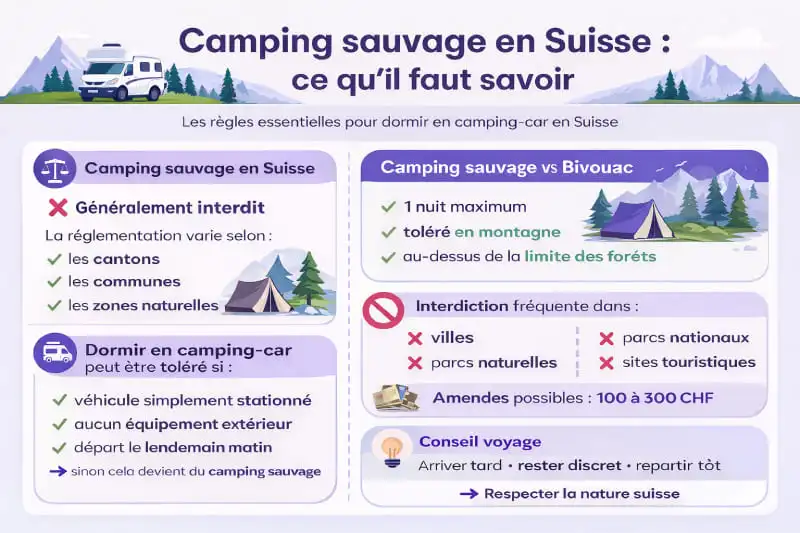 infographie règles camping sauvage suisse et stationnement camping car
