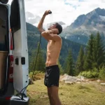 Personne prenant une douche extérieure avec une douche amovible à côté d’un van aménagé en montagne