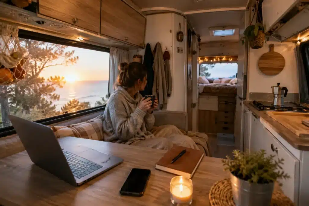 Intérieur chaleureux d'un camping-car aménagé avec une personne profitant de son espace de vie au quotidien.