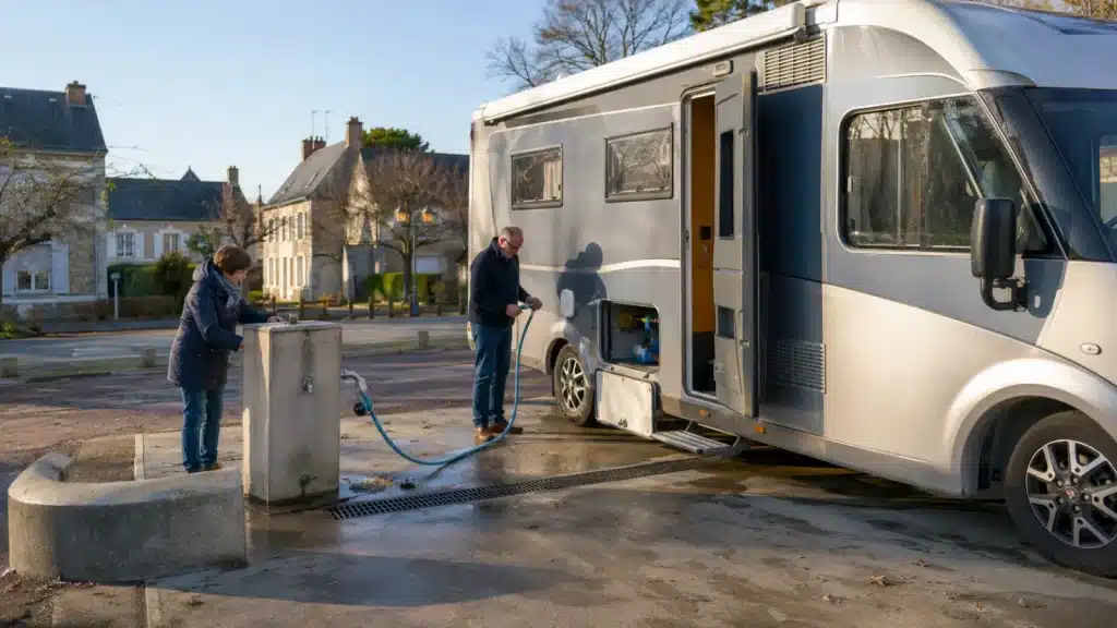 Camping-car sur une aire de services près de Saint-Aignan avec remplissage d’eau