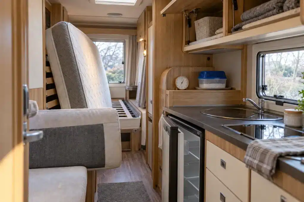 Intérieur d’un camping-car préparé pour l’hivernage avec matelas relevé et réfrigérateur ouvert.
