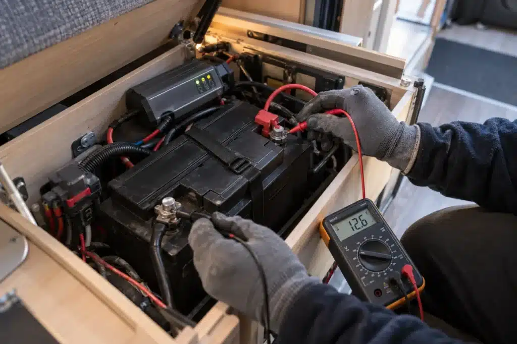 Contrôle de la batterie cellule d’un camping-car avec un multimètre pendant l’hivernage.