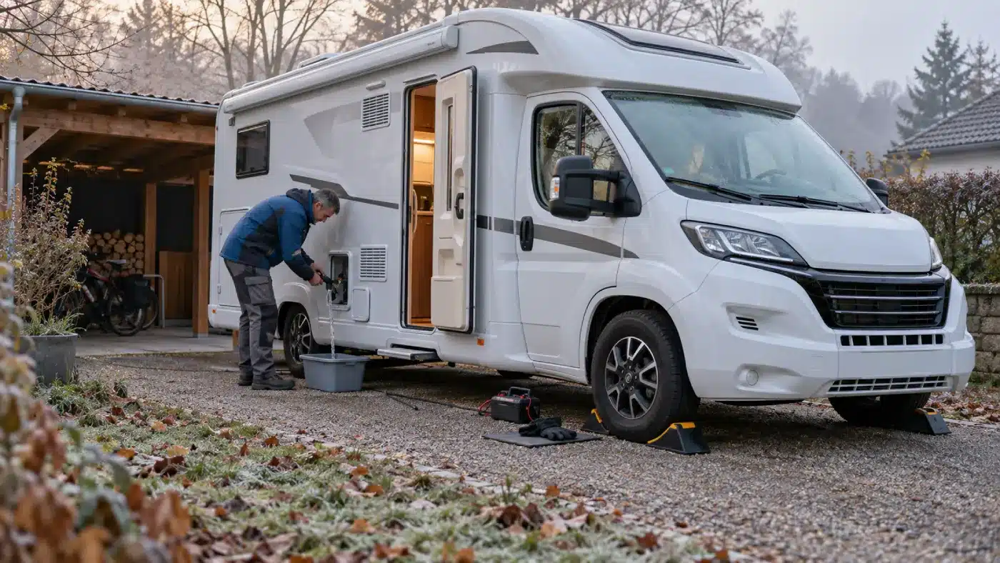 Propriétaire préparant son camping-car pour l’hivernage avant l’arrivée du froid.