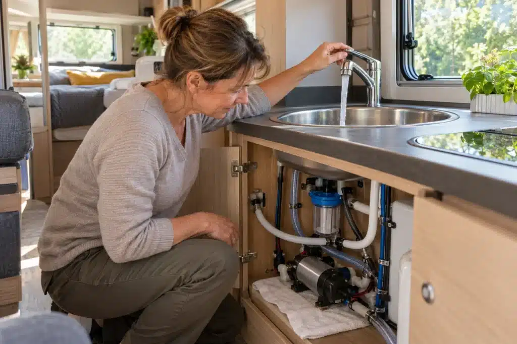 Propriétaire contrôlant le robinet et les raccords du circuit d’eau de son camping-car au printemps.