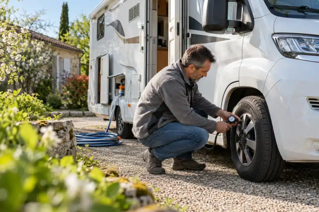 Propriétaire contrôlant les pneus de son camping-car lors de la remise en service au printemps.