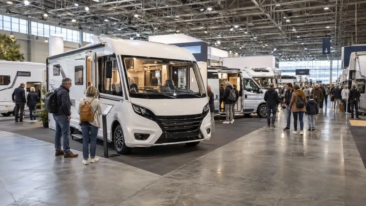 Salon du camping-car Paris-Le Bourget 2026 avec plusieurs véhicules et visiteurs dans le hall d’exposition.