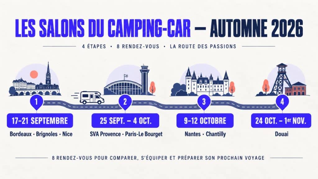 Frise des salons du camping-car en France à l’automne 2026 : Bordeaux, Brignoles, Nice, SVA Provence, Paris-Le Bourget, Nantes, Chantilly et Douai.