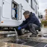 Propriétaire vidangeant le circuit d’eau de son camping-car sur une aire de services avant l’hiver.
