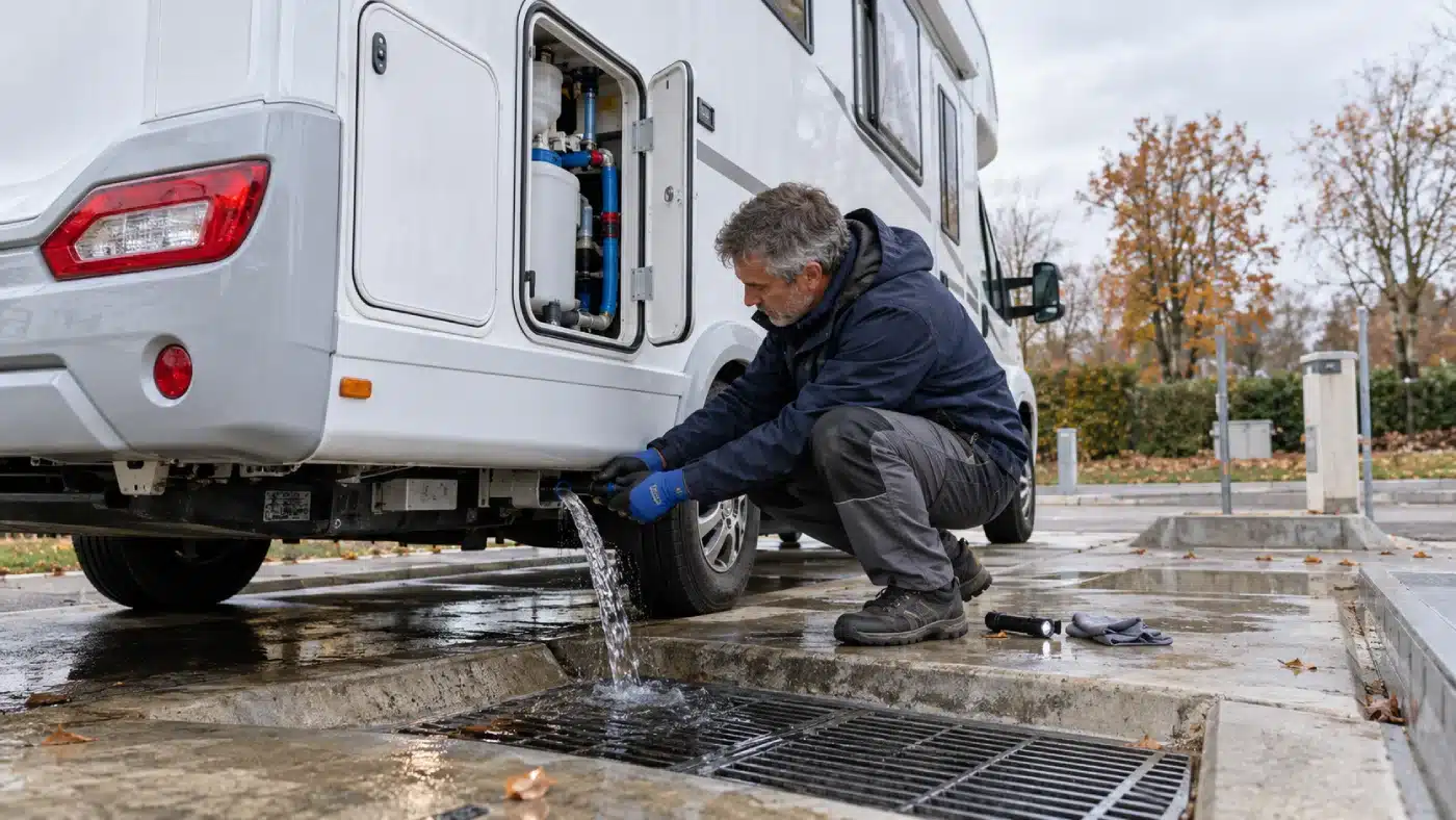Propriétaire vidangeant le circuit d’eau de son camping-car sur une aire de services avant l’hiver.
