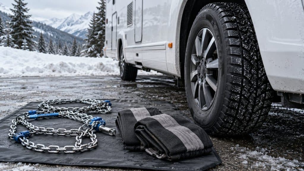 Pneu hiver, chaînes métalliques et chaussettes à neige disposés devant un camping-car en montagne.