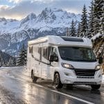 Camping-car circulant dans une zone Loi Montagne équipée d’un panneau B58 en hiver.