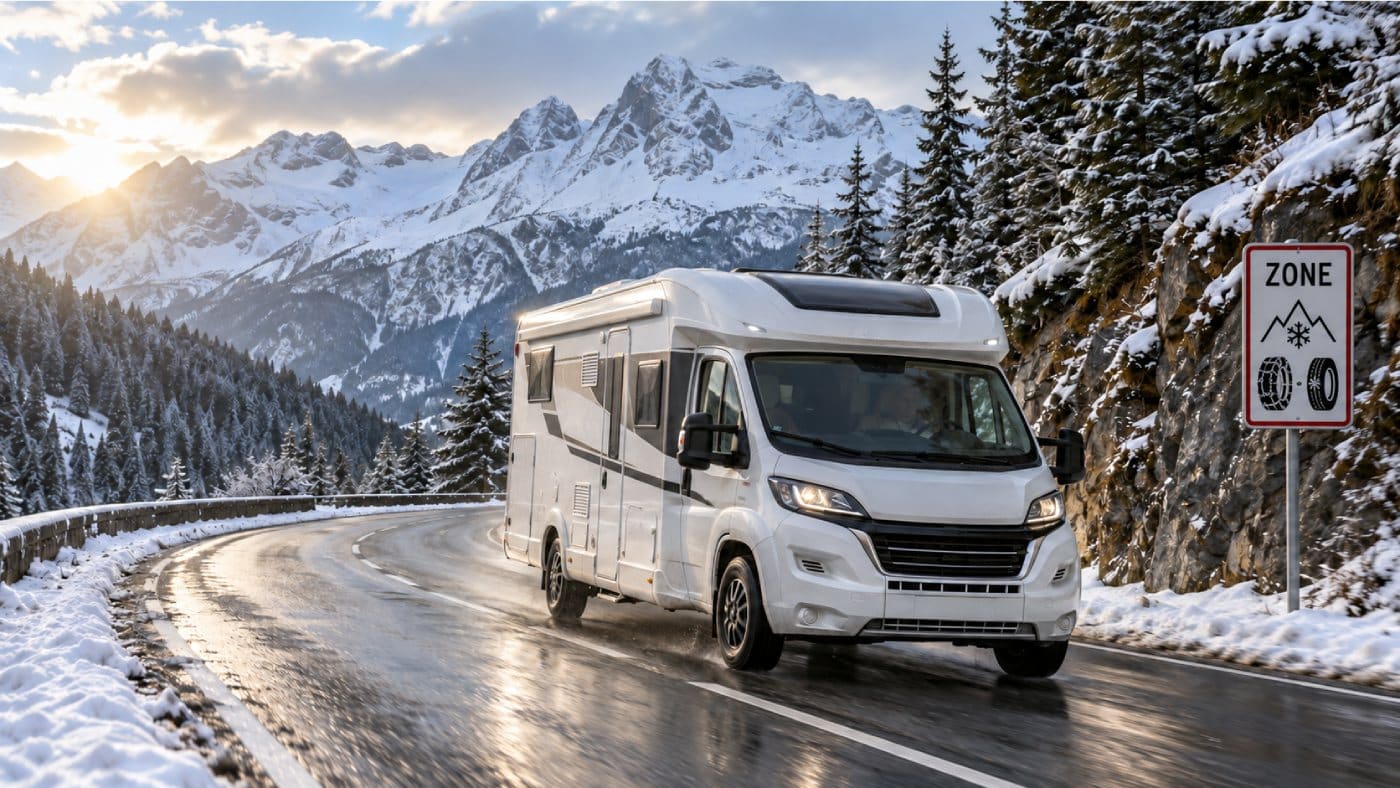 Camping-car circulant dans une zone Loi Montagne équipée d’un panneau B58 en hiver.